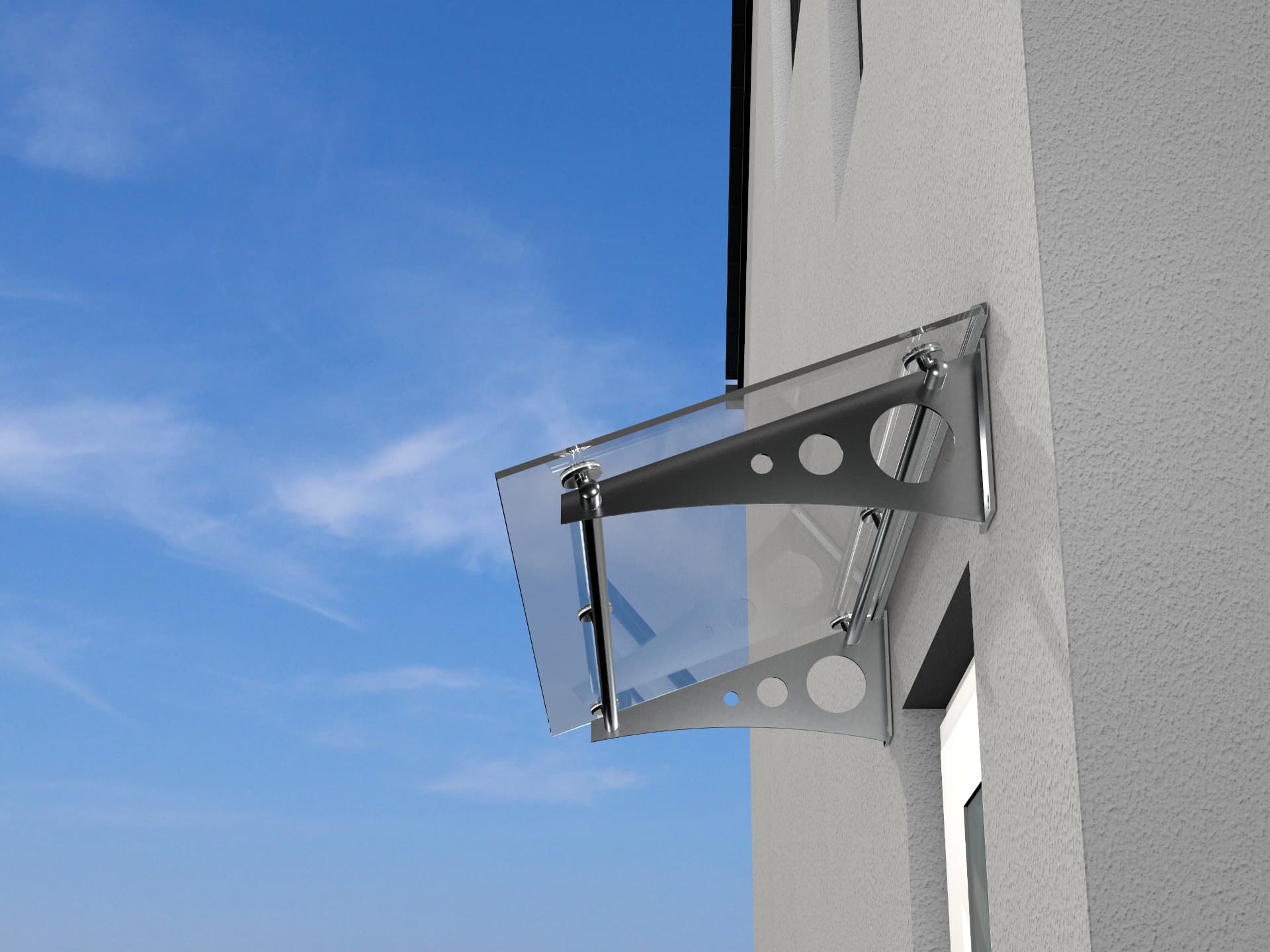 Glasvordach mit ausgefrästen Stahlkonsolen über einer Haustür